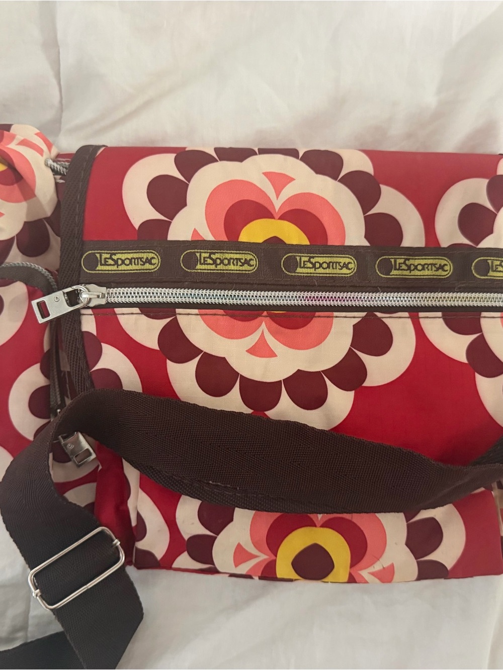 Vintage Lesportsac Red Pink Floral Crossbody Bag with Brown Strap